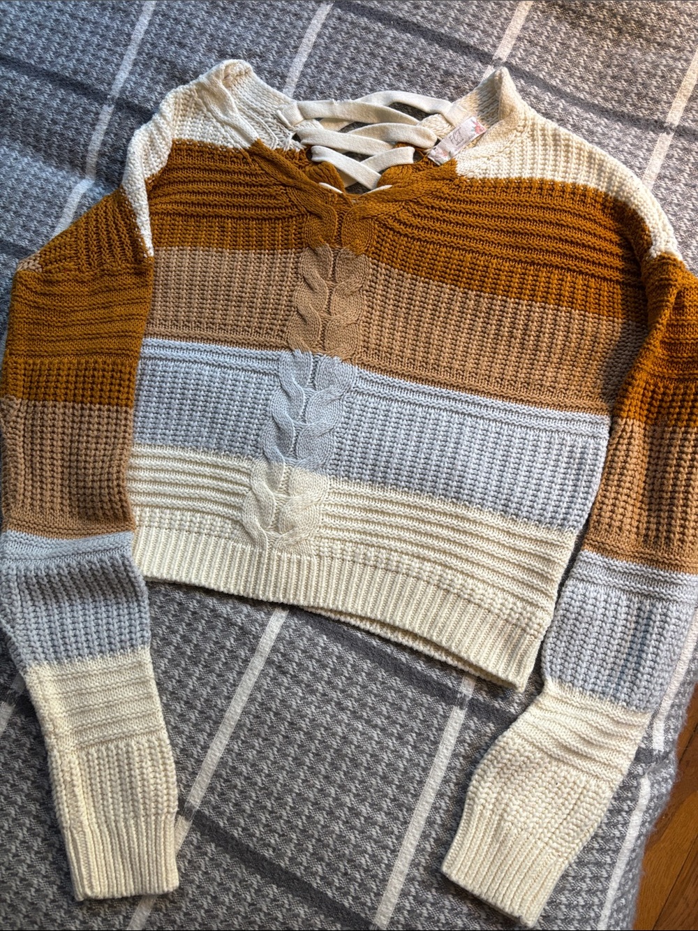 Striped Lace-Up V-Neck Sweater in Mustard, Cream & Light Blue